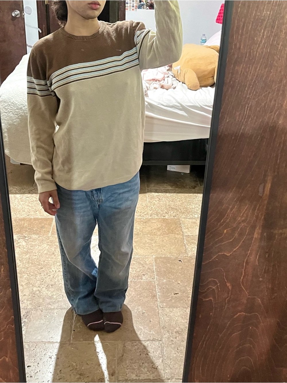 Mossimo XL Brown Cream Blue Striped Knit Sweater Y2K